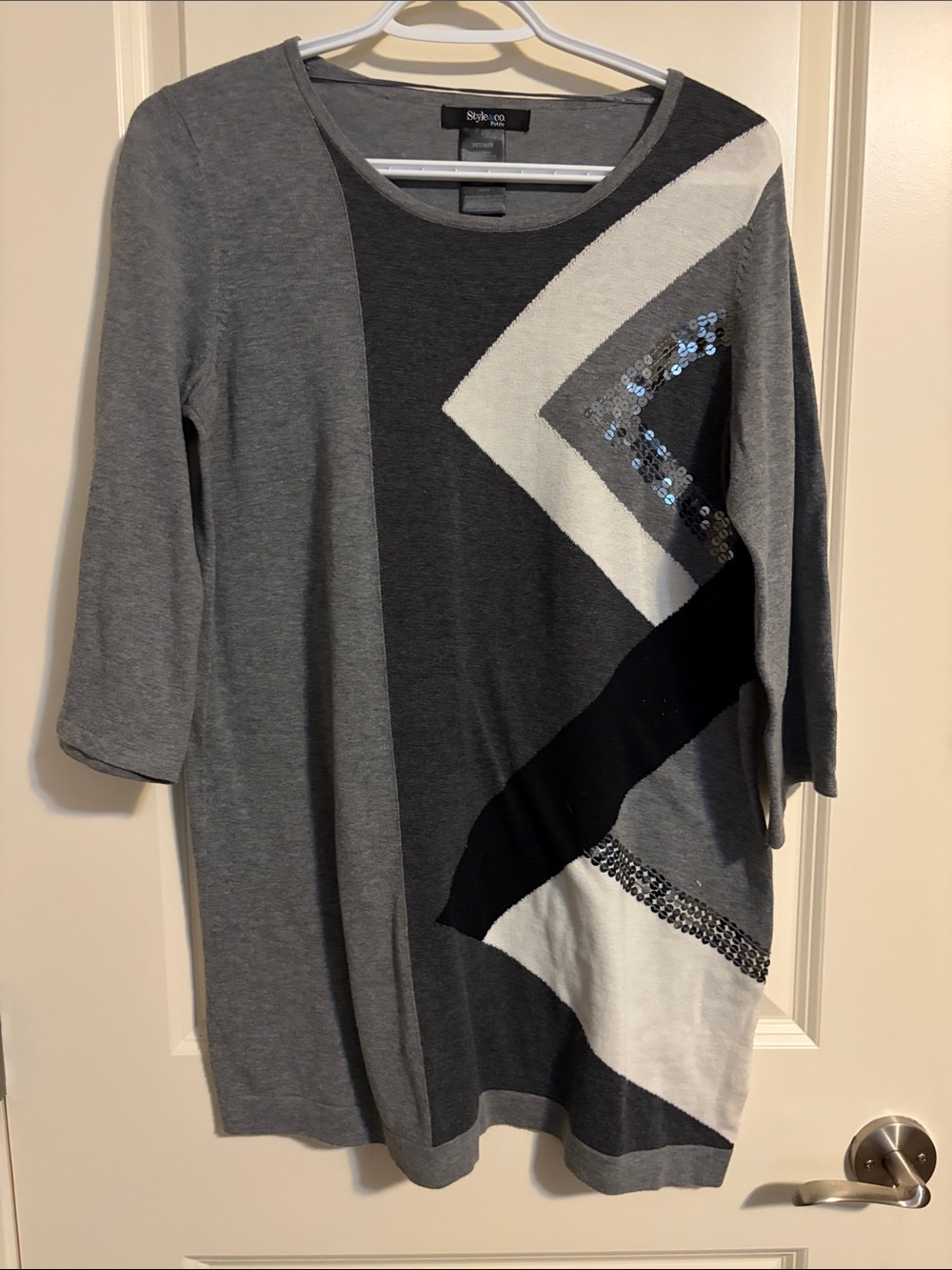 Style & Co. Gray, Black & White Chevron Sequin Midi Top